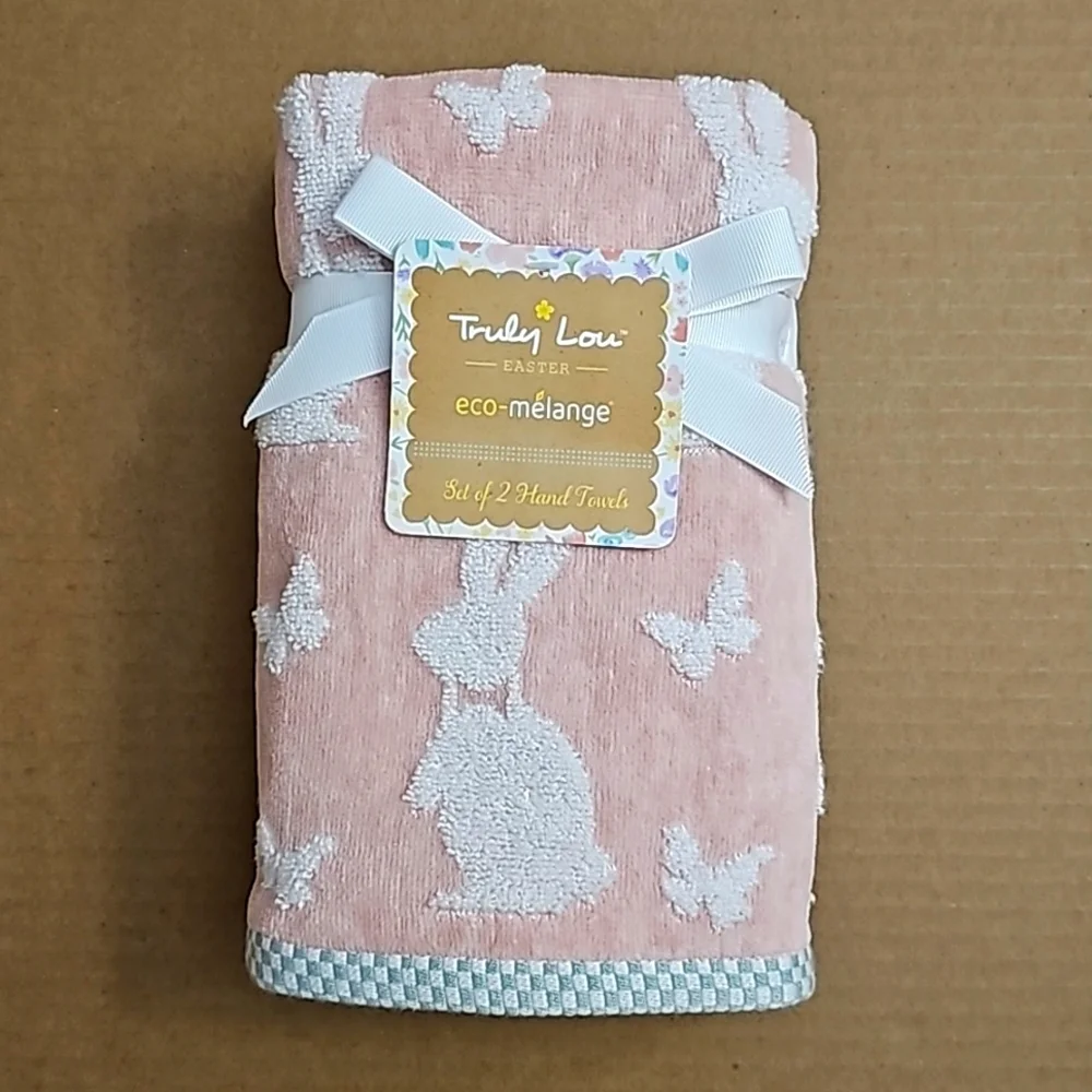 💥2pc TRULY LOU Easter Eco-Melange Hand Towel Set With Bunnies & Butterfliess